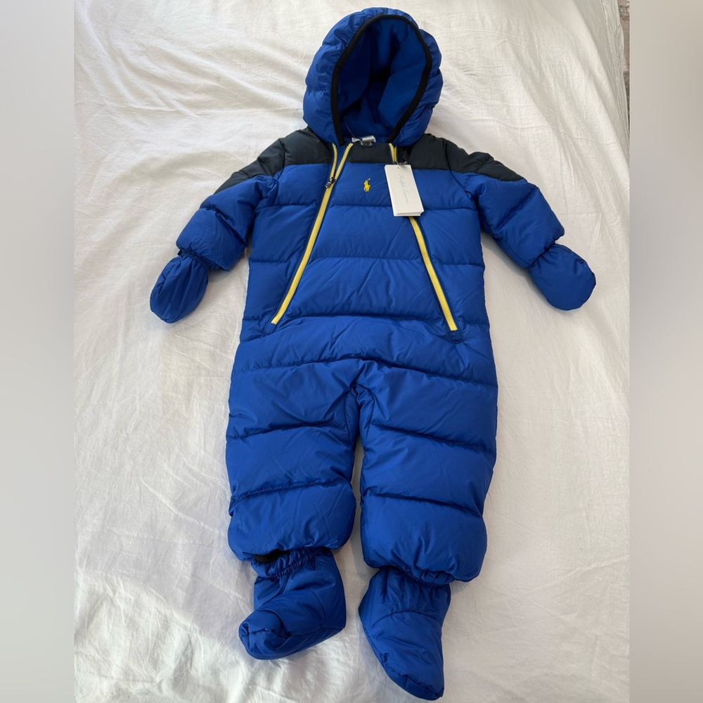 Ralph Lauren Blue Hooded Snowsuit with Yellow Accents NWT 0534